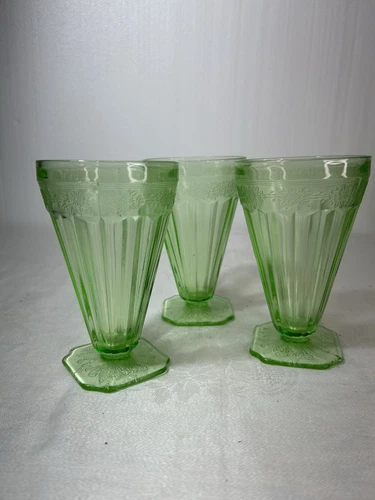 Lot 3 Vintage Green Uranium Depression Glass Tumblers Goblets St Patricks