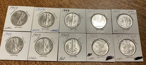 (10) Ten 1943 Walking Liberty Half Dollars Silver - 10 Unc Coins