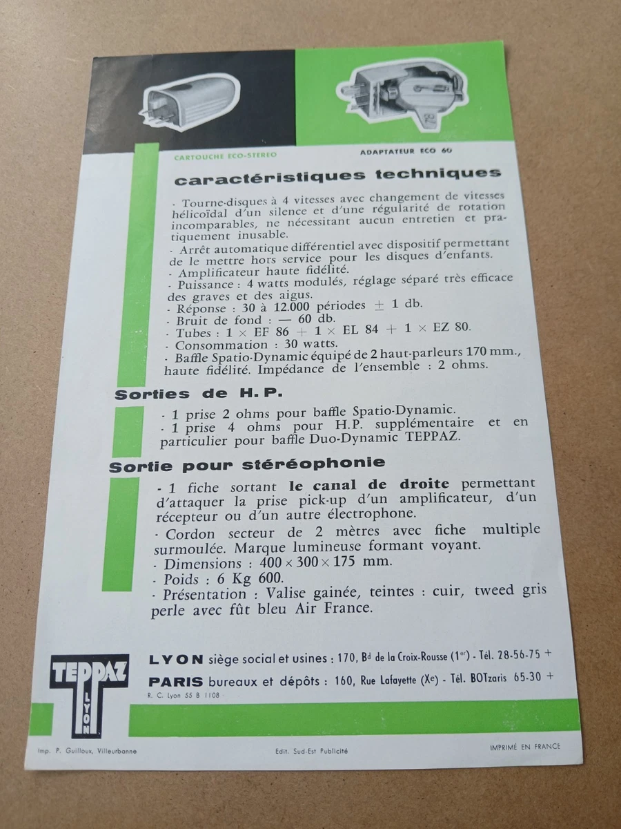 publicité information électrophone TEPPAZ octave stéréo tourne-disque vers 1960