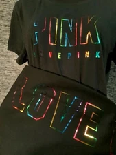 Victoria's Secret Pink Bling Ombre Rainbow Tee Shirt + Pants Set Black M L XL