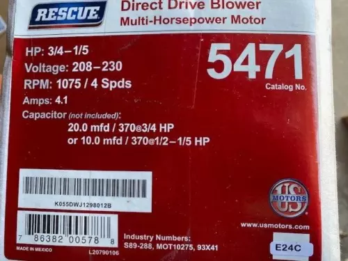 US Motors 5471 Rescue 5.6" Direct Drive Blower Motor, 208-230V, 3/4-1/5 HP, 1075