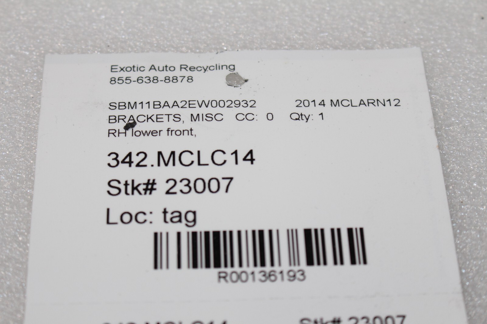 McLaren MP4-12C, RH, Right, Front Lower Radiator Bracket, Used, P/N 11L0092CP