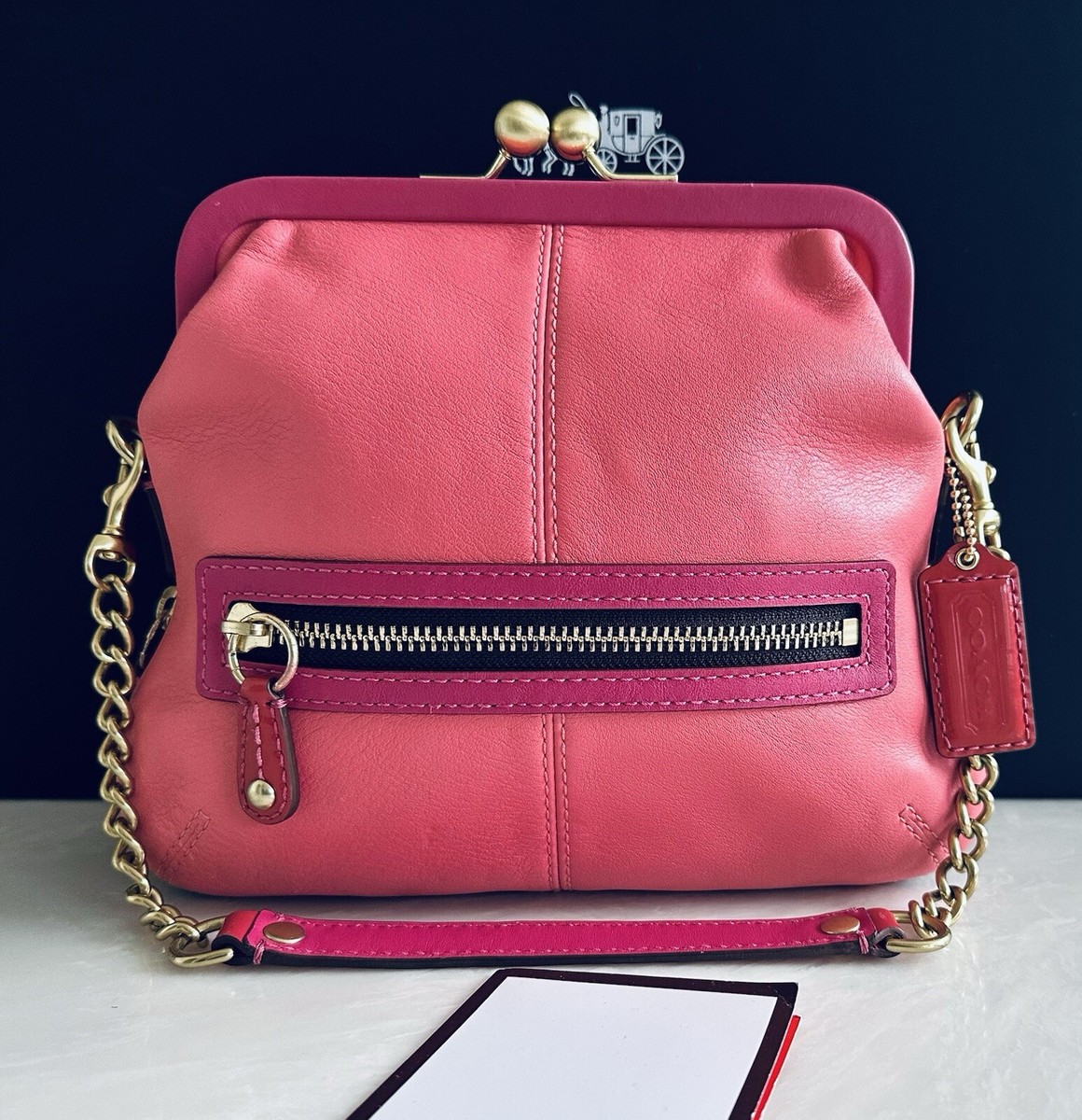 NEW COACH BONNIE KISSLOCK PINK LEATHER SATCHEL CHAIN STRAP
