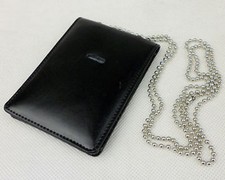 Black Leather Badge ID Card Wallet Holder Case With Neck Chain -BK