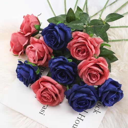 Blue Fake Roses Artificial Flowers - 10 Pcs Fake Artificial Roses Silk - Picture 4 of 7