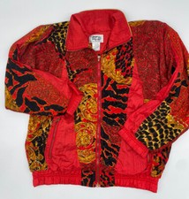 Vintage 80s 90s Clipper Bay Woman's Medium Red Animal Print Silky Zip Up Jacket
