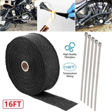 2" x5m Fiberglass Exhaust Manifold Black Heat Wrap & 5 Ties Rap Cable Pipe Tape