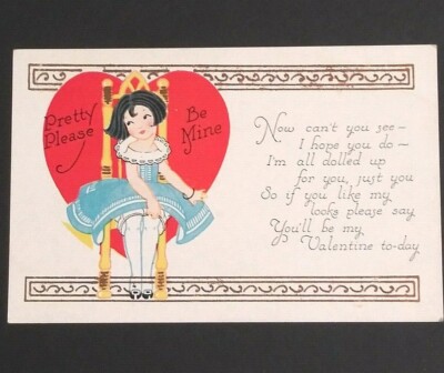 Valentines Day Girl Heart Please Be Mine Antique Carrington Postcard UNP c1910s