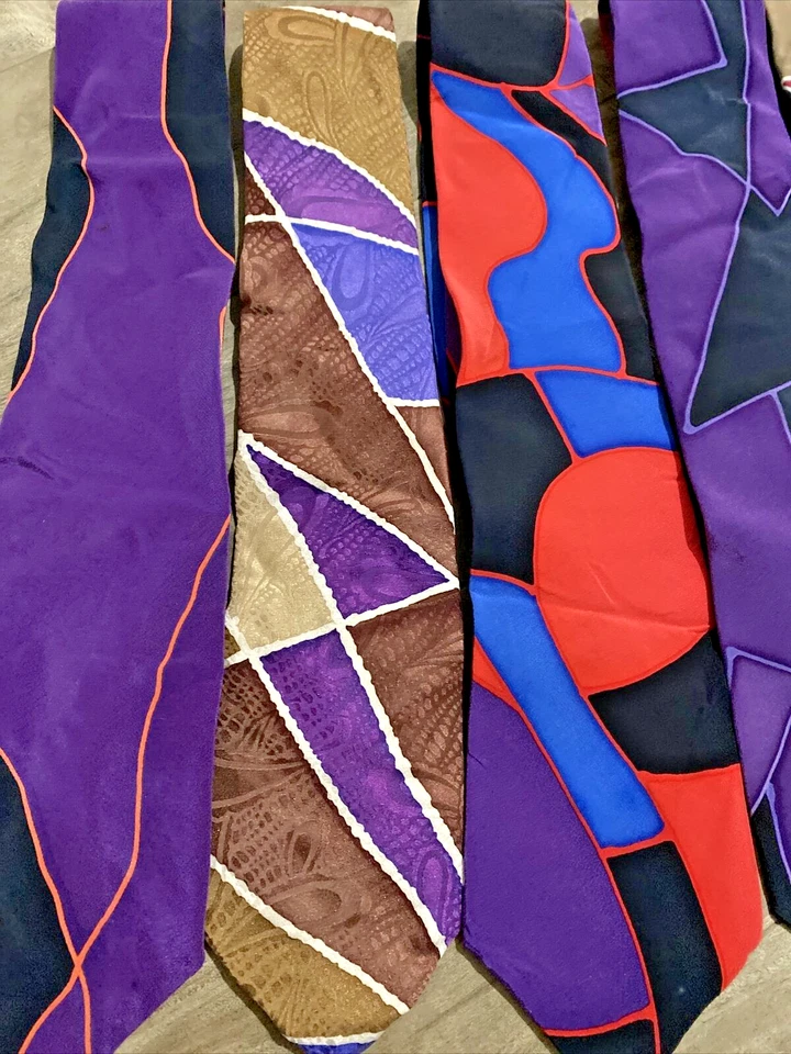 Corbatas de seda para hombre Kim Huber 8 piezas multicolor abstracto edredón artesanal EE. UU. GUC Foto 2 de 4