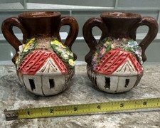 2 Handcrafted Guatamalan Pottery Vases Three Dimensional Houses 4” Folk Art