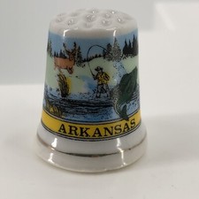Arkansas Souvenir State Porcelain Thimble w/ Fly Fishing Scene