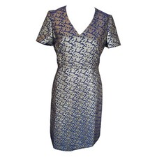 Sossander Blue Gold Metallic Party Dress UK 12 New NWT Occasion Fitted V-Neck