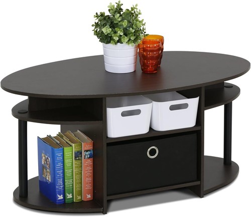 Simple Design Oval Coffee Table W/ Bin Shelves Non Woven Bin Living Room Walnut - Picture 4 of 7