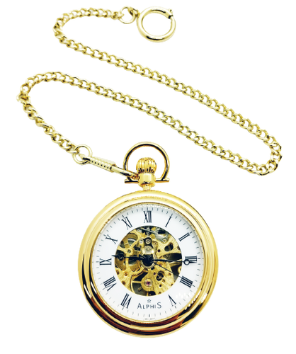 Alphis Orologio Svizzero Da Tasca Scheletrico Placcato Oro Piedistallo + Catena - Imagen 2 de 5