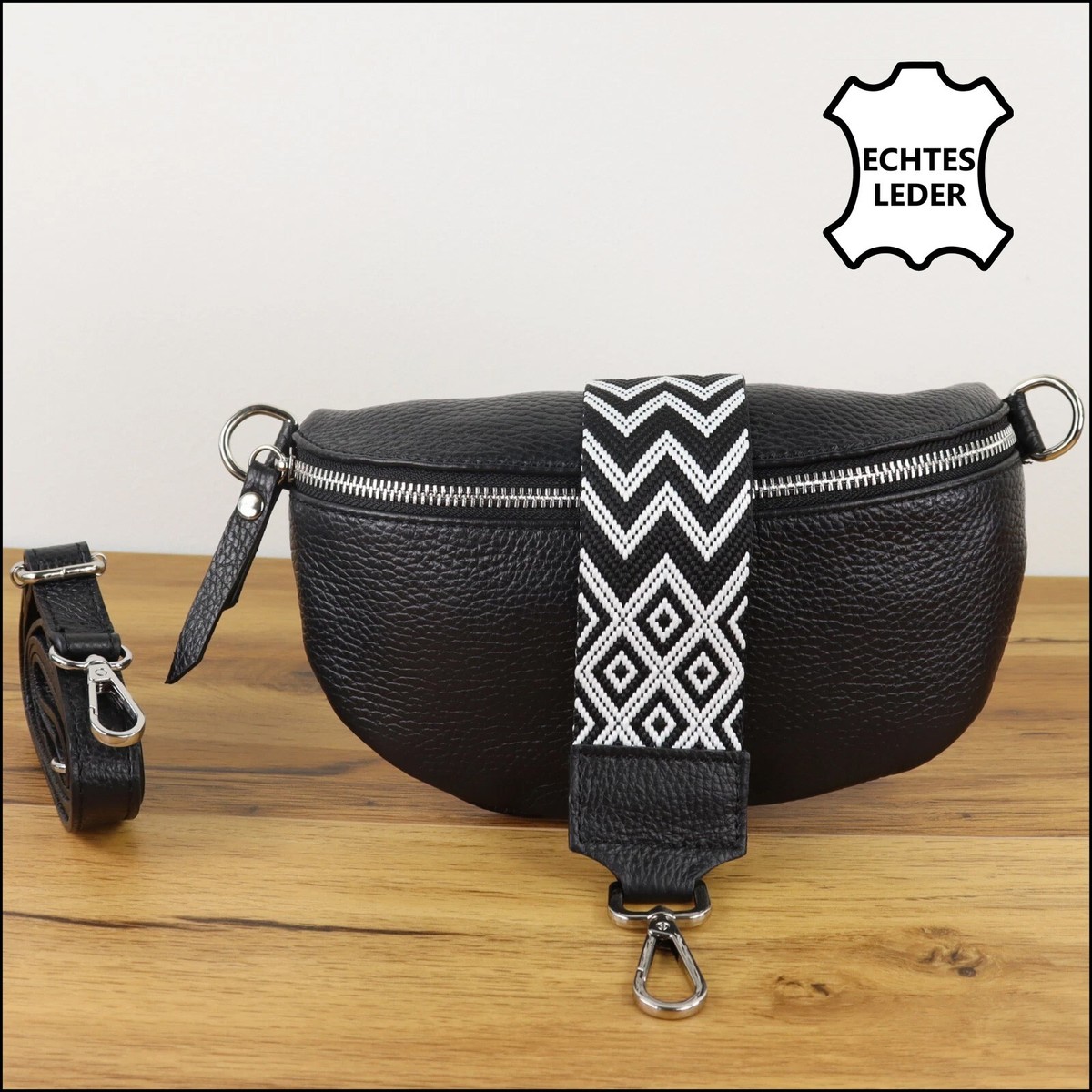 Bauchtasche Damen Echtleder Schwarz Umhängetasche Damentasche