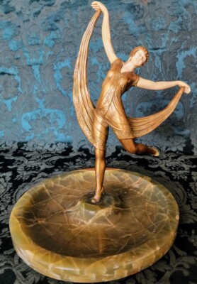 Bronze Art Sculpture Chryselephtine Dancing Lady 13'' tall, 10 pounds, on Jade