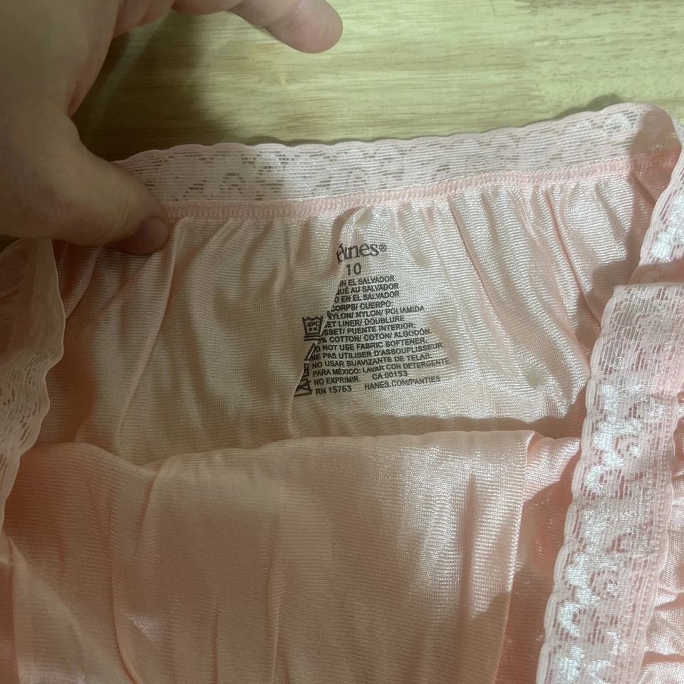 Braguita completa de nailon Hanes ropa interior talla 10 nueva sin etiquetas ribete de encaje abuela rosa maricón Foto 2 de 3