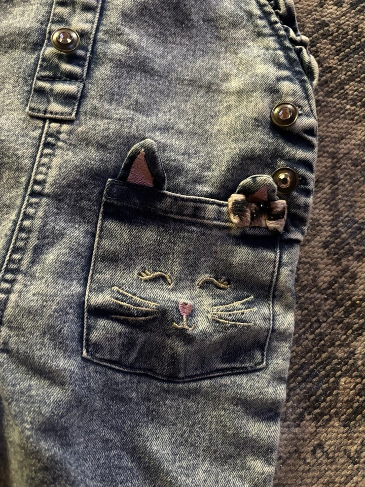 Conjunto Mono Jeans Top Estampado Leopardo Niñas Little Lass Bolsillos Gato Talla 4 Nuevo con Etiquetas Foto 3 de 4