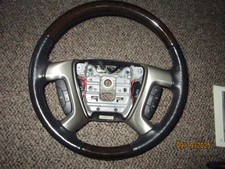 2009 - 2013 GMC ACADIA DENALI BLACK LEATHER STEERING WHEEL W/ DARK WOOD TRIM OEM