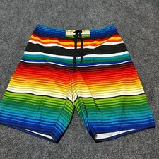 Hang Ten Board Shorts Mens 34 Blue Yellow Rainbow Striped Drawstring Swimwear