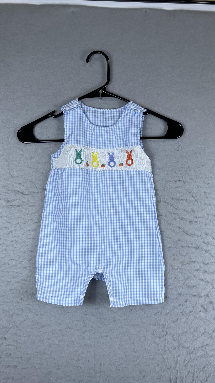Romper Boys 12-18 Months Blue Gingham Bunny Smocked Easter Lightweight-image