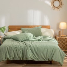 Green Duvet Cover King, 100 Washed Cotton Linen Like Textured Solid Casual M...