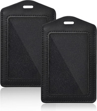 2PCS Genuine Leather Vertical ID Badge Holder Clear Window Waterproof Black