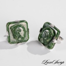 Vintage Swank Carved Jade Figural Profile Heads Silver Metal Toggle Cufflinks NR