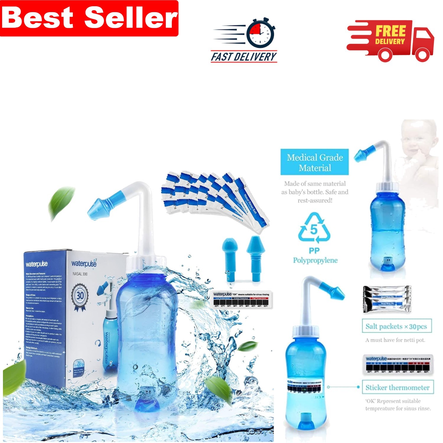 BPA-Free Neti Pot 300ml - Complete Sinus Rinse System with 30 Salt Packets