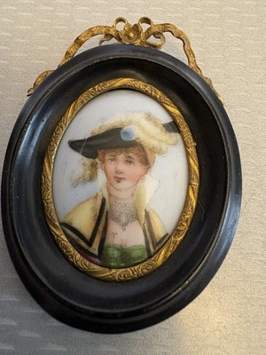 19C Antique Handpainted Porcelain Miniature Framed Portrait Woman Feather Hat 3''