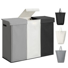 230L 3 Section Laundry Hamper, Lid, Removable Bags, Collapsible, Handles