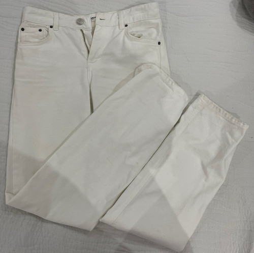 PULL&BEAR Women’s White Distressed Straight Leg Denim Jeans 5-Pocket Button