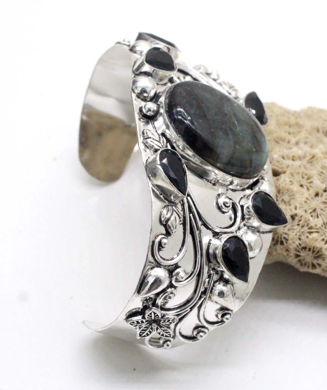 VALENTINO 925 Sterling Silver Labradorite & Spinel Gemstone Jewelry Cuff Bracelet S ADJ"