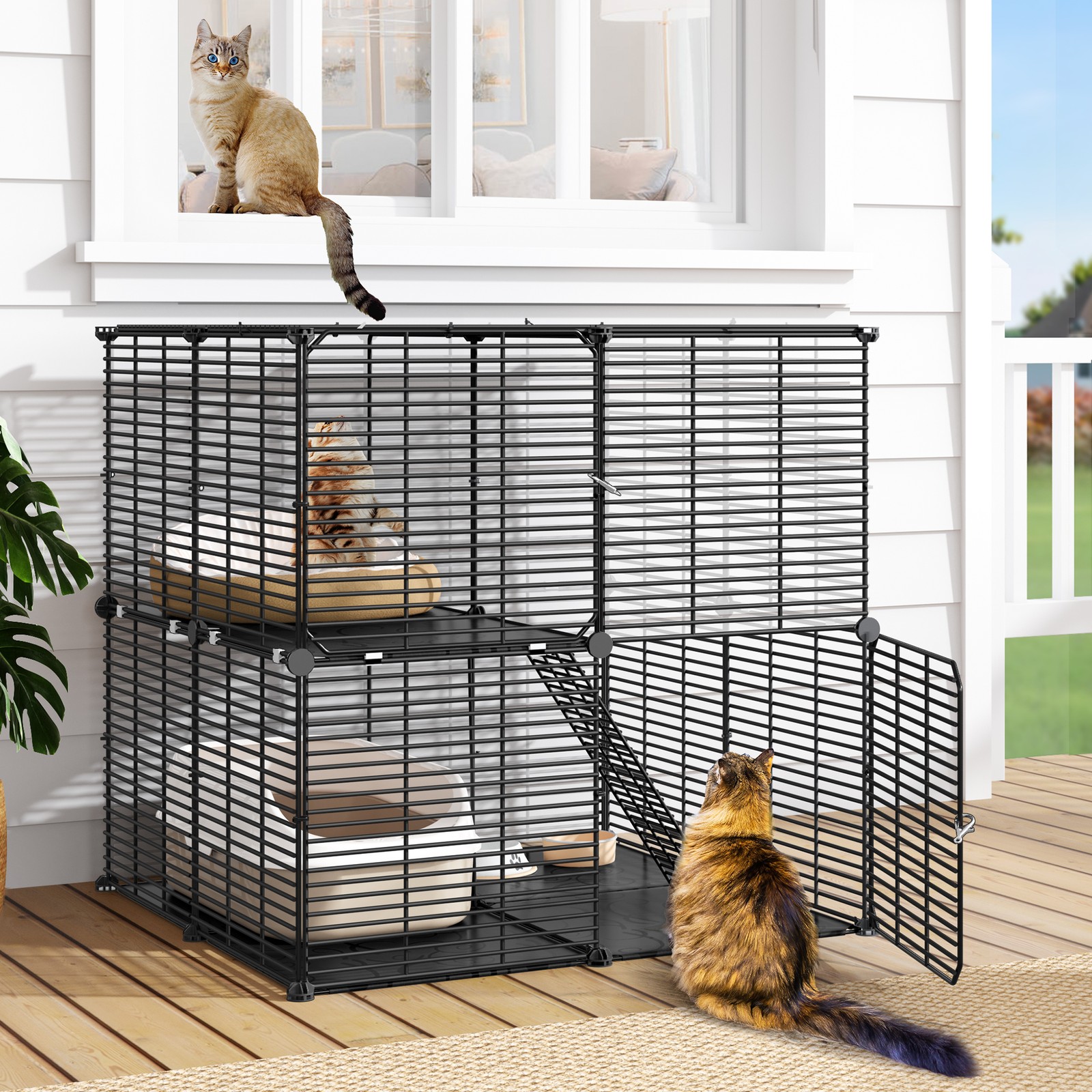 28" Cat Cage 2-tier Pet Playpen with Ladder and Buckles Metal Crate for Kitten