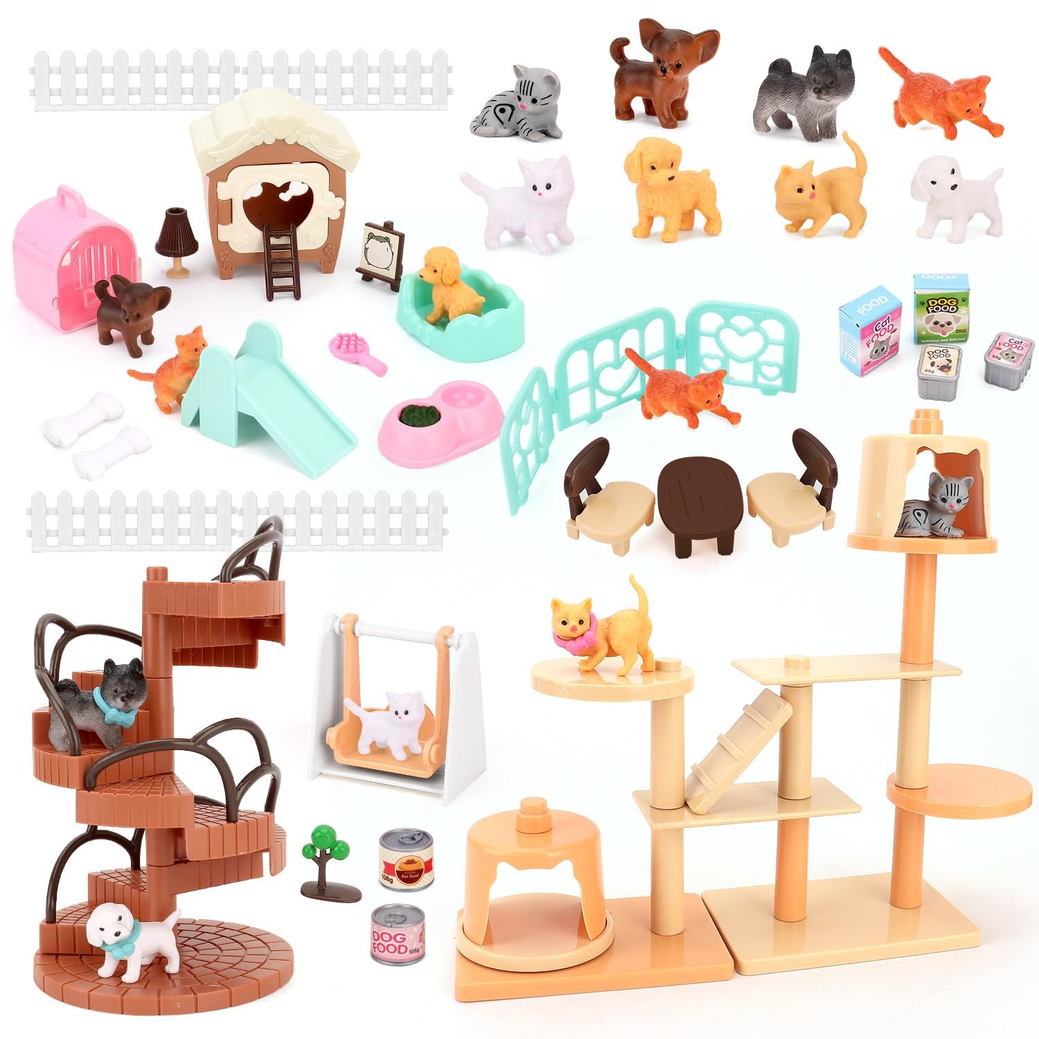 67 PCS Cat and Dog Pet Figurine Playset, Pretend Play Toy fo
