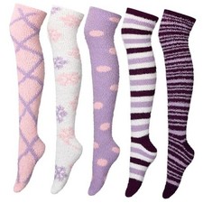 5 Pairs Women Thigh High Fuzzy Sock over Knee Long Stocking Macarons Lines