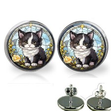 Black White Kitty Faux Stained Glass Art Print Tuxedo Cat Mom Gift Stud Earrings