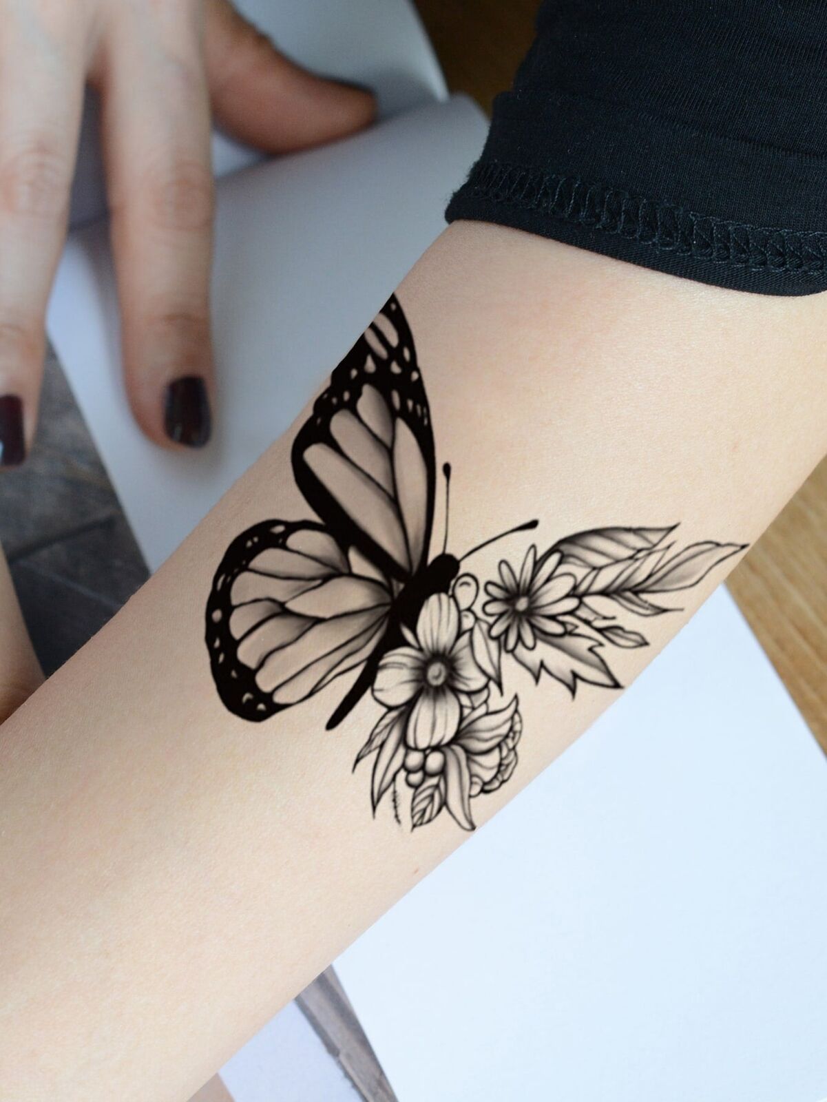 New Butterfly & Flower Pattern Tattoo Sticker Temporary Black Design Fake  Tattoo | eBay