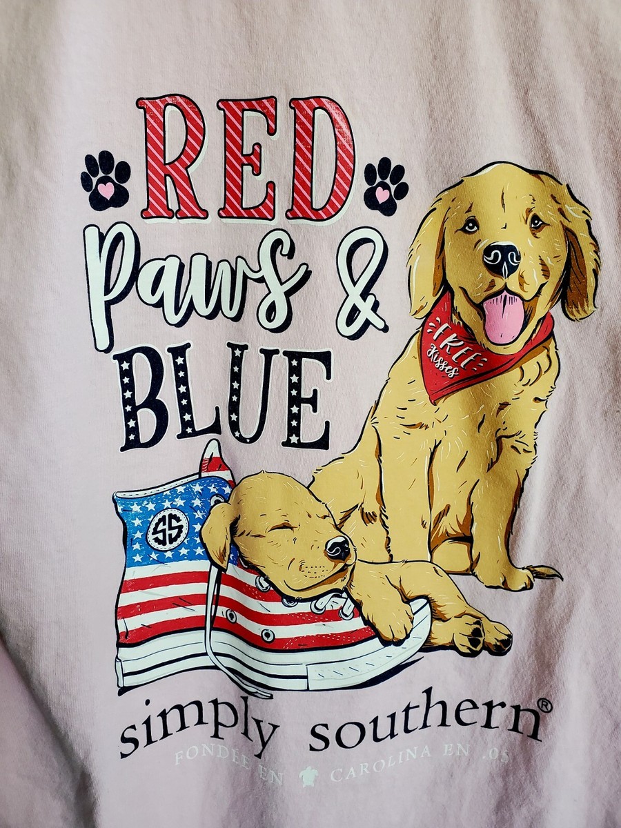 SIMPLY SOUTHERN Red, Paws & Blue Golden Lab Puppies Short Sleeve Pink Tee Size M View 3