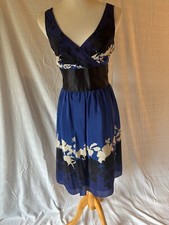 Nine West Blue Silk Dress, 12 Blue with white/black floral and attached belt