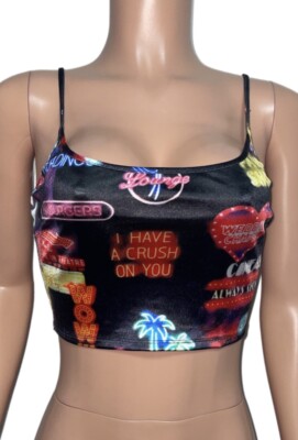 Y2K Vegas NEON SIGNs Rave Wear SATIN CROP TOP New Retro Stretch v2k Graffiti Art