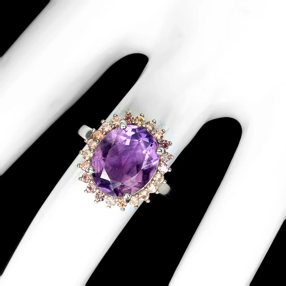 925纯银戒指椭圆形紫水晶12x10毫米蓝宝石钻石切割宝石 — 第 3/4 张图片