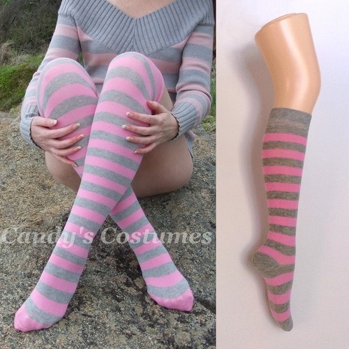 PINK & GREY Striped OVER-THE-KNEE or Knee-High LONG Costume SOCKS Cosplay THIGH - Picture 8 of 8