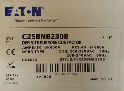 EATON CUTLER HAMMER C25BNB230B 2 Pole 30 Amp 208 240 VAC Contactor