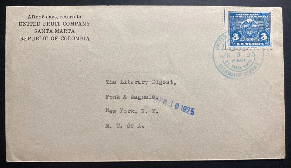 1925 Colombia SS Santa Maria United Fruit Company Cover To New York Usa - Image 2 of 3