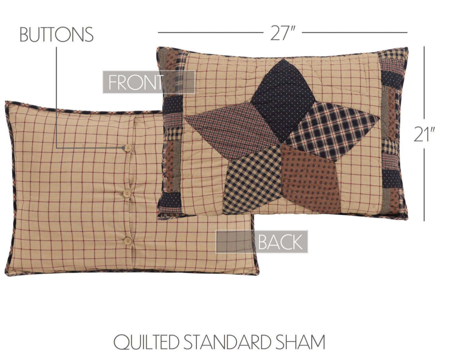 Bingham Star Standard Pillow Sham Hand Quilted Patchwork Black Red Cream Check