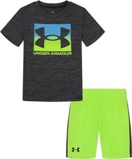 Under Armour Boys' Short Sleeve Tee and Short Set, Pitch Gray/Neon sz 4T NWT