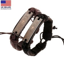 Men Leather Stainless Steel Bracelet Bible Verse Jesus Cross Plate 0866