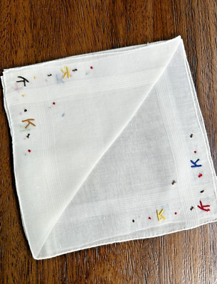 Vintage Handkerchief Hankie Embroidered ''K'' 4 Corners