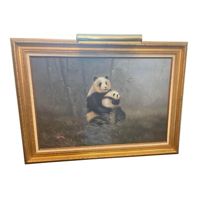 Late 20th Century Panda Oil Painting & Art Light